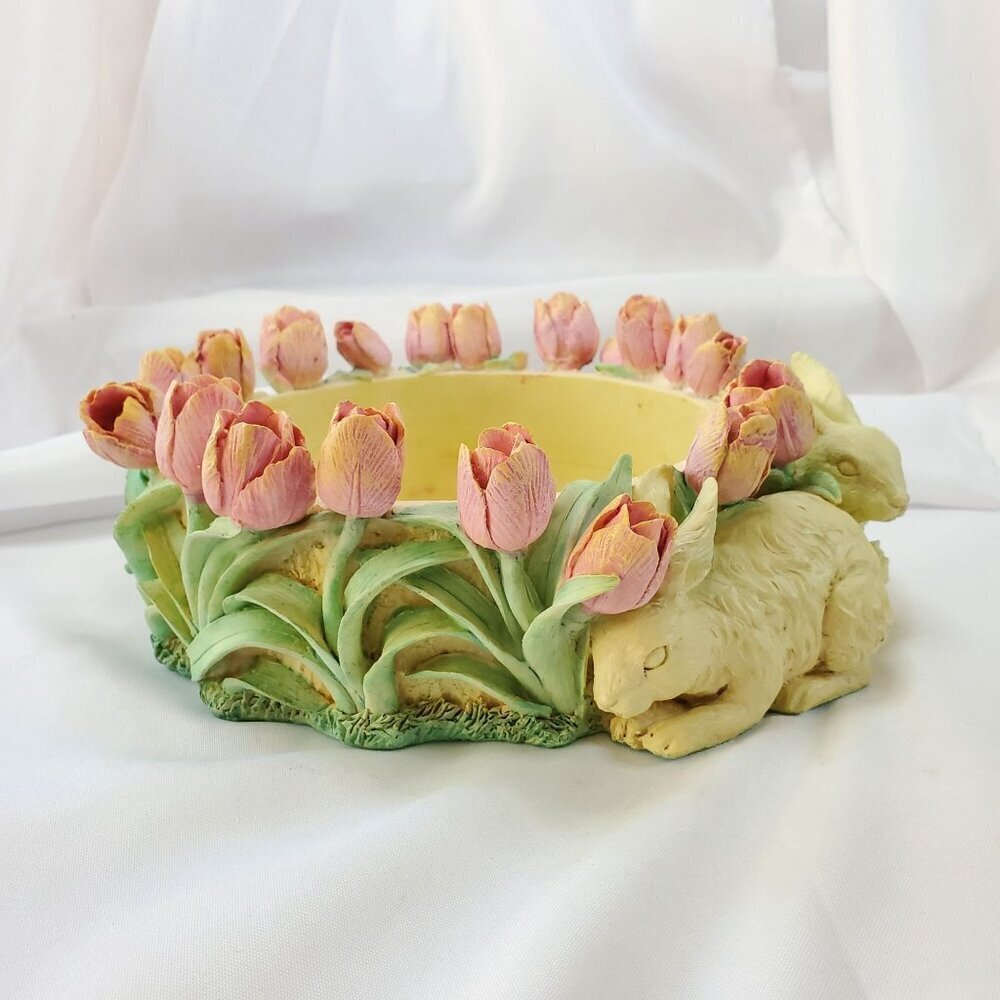 VTG Decorative Easter Rabbit & Tulip Design Bowl Spring Time Planter Candy Dish - Picture 15 of 16